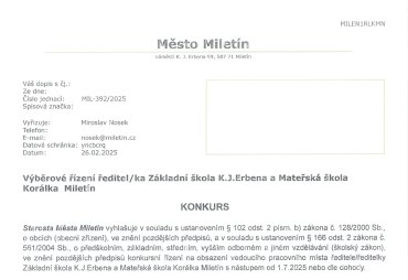 Město Miletín - výběrové řízení ředitel/ka ZŠ K.J.Erbena a MŠ Korálka Miletín