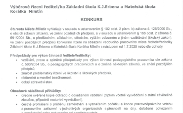 Město Miletín - výběrové řízení ředitel/ka ZŠ K.J.Erbena a MŠ Korálka Miletín