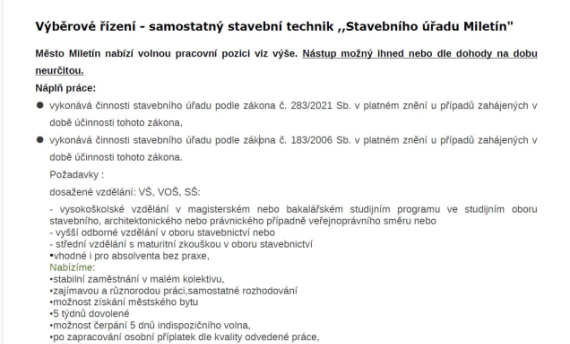 Stavební úřad Miletín - nabídka pracovní pozice / samostatný stavební technik