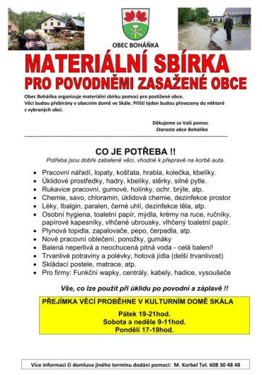 Materiální sbírka pro povodněmi zasažené obce