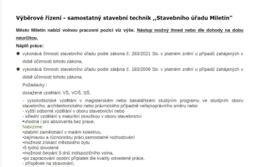 Stavební úřad Miletín - nabídka pracovní pozice / samostatný stavební technik